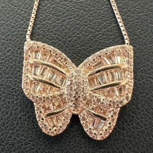 925 Sterling Silver Rose Gold Vermeil Butterfly CZ Pendant Station Necklace